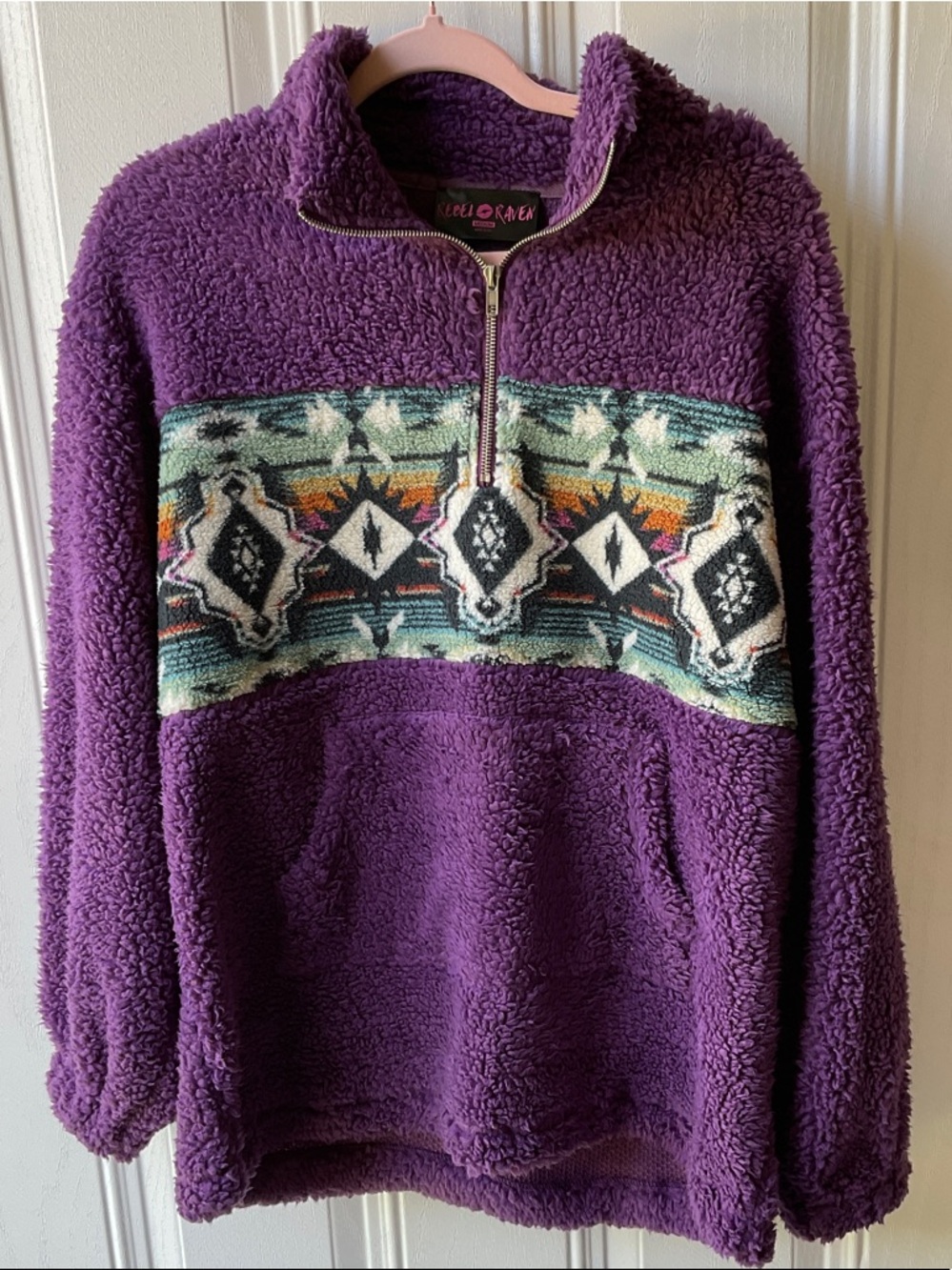 Purple Sherpa Quarter-Zip Pullover with Aztec Panel